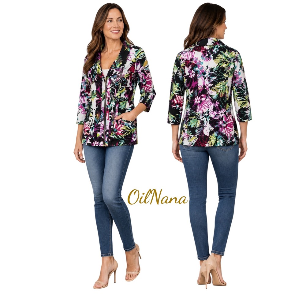 Berek Floral Zip Jacket Womens Medium Multicolor Excellent Tropical 3/4 Sleeve